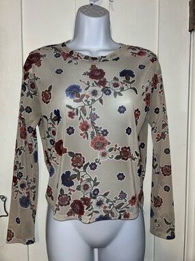 Ginger G Beige Floral Long-Sleeve Crewneck Top with Red and Blue Flowers
